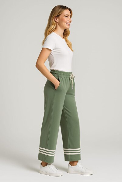 enmodaiçgiyim Green High-Quality Stretchy Modal Cotton Fabric Wide-Leg Sweatpants with Pockets - Casual, Comfortable Fit