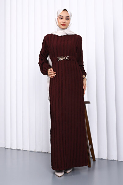 İmajButik Φόρεμα από γκοφρέ με λεπτομέρεια βολάν στη μέση σε μπορντό χρώμα