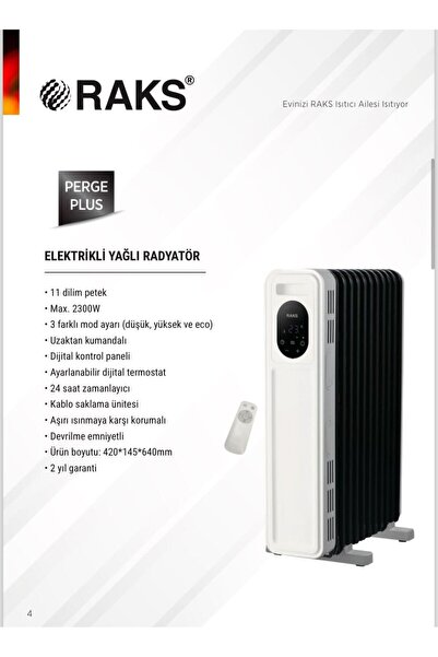 Raks Elektrikli Yağlı Radyatör Perge Plus 2300 Watt Kumandalı