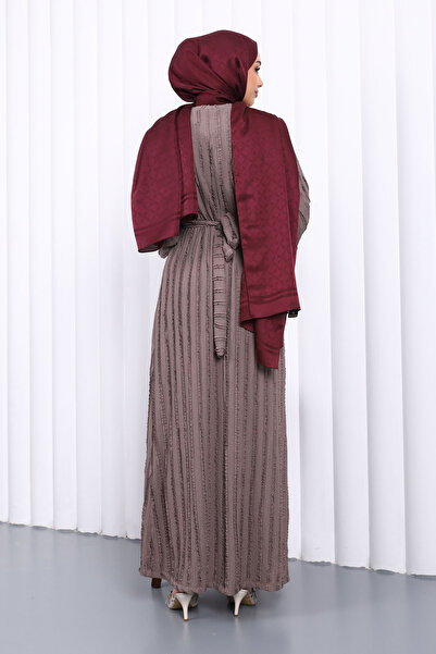 İmajButik Γκρι φόρεμα από γκοφρέ με λεπτομέρεια με βολάν στη μέση