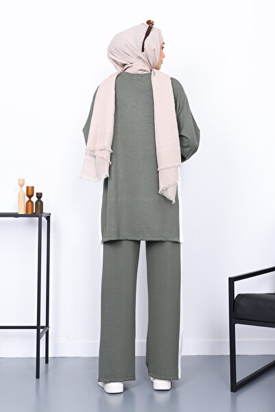 İmajButik Khaki Color Block Modal Tunic Trouser Set