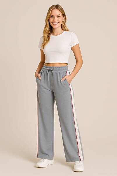 enmodaiçgiyim Gray High-Quality Flexible Modal Cotton Fabric Wide-Leg Sweatpants with Pockets - Casual, Comfortable Fit