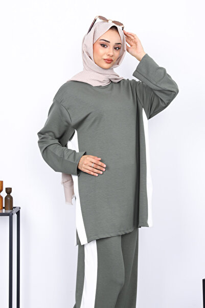 İmajButik Khaki Color Block Modal Tunic Trouser Set