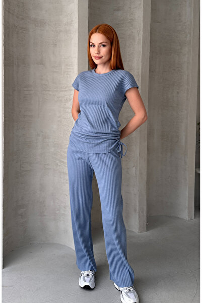 EYYE Indigo Women's Cotton Gathered Side Ribbed Bottom Top Set