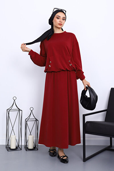 İmajButik Burgundy Pocketed Blouse Skirt Set