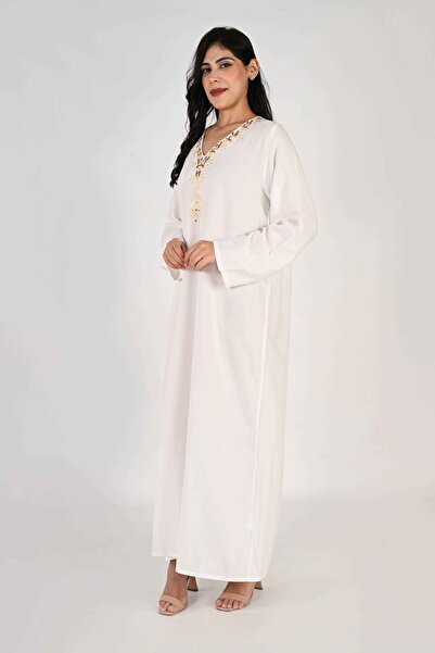 LINELLE Ladies Jalabiya – White Base with V Neck and Embroidered Detailing