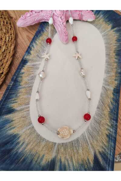 elbi bijuteri قلادة أنيقة باللون الأحمر على شكل سلحفاة ونجم البحر