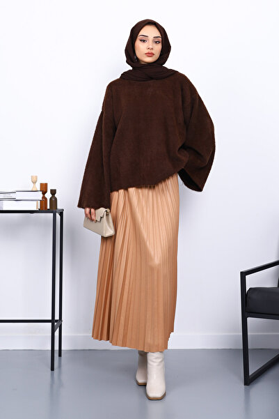 İmajButik Καφέ πλεκτό πουλόβερ με λαιμόκοψη Oversize Angora Yumoş