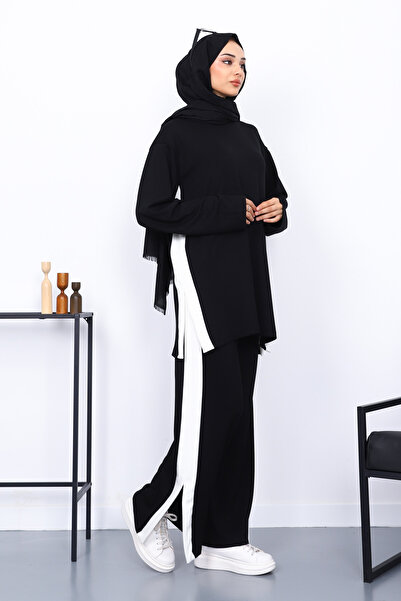 İmajButik Black Color Block Modal Tunic Trouser Suit
