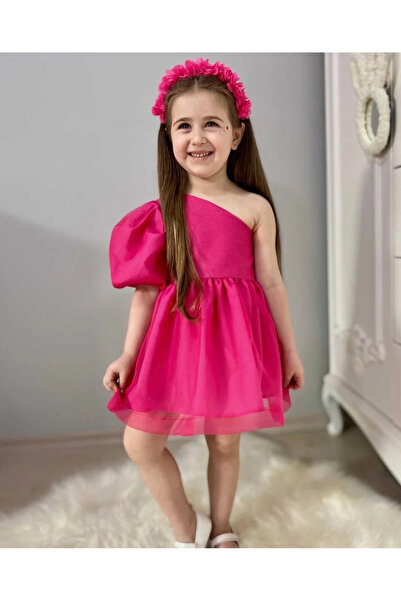 kidstalya Tül Tek Kol Çocuk Elbise-Pembe