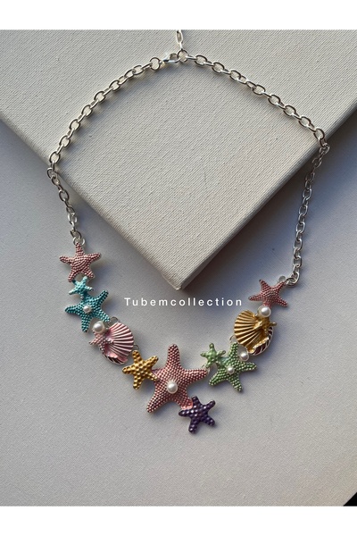 COLLECTİON Deniz temaı -Renkli Deniz Yıldızı & İstiridye Kolye – İncili Yaz K...