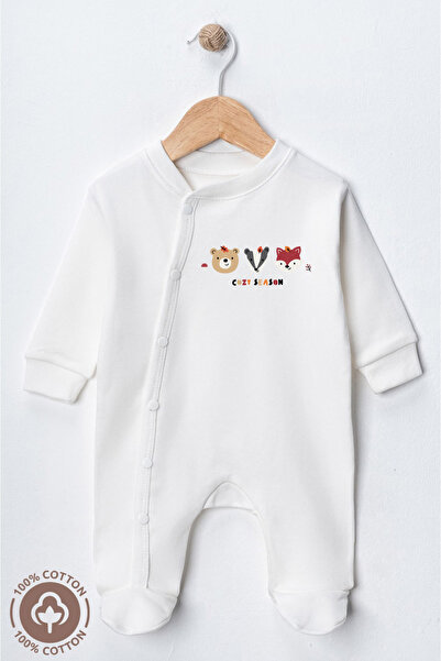 Miniel Unisex Cozy Season Printed 0-6 Months Combed Organic Cotton Baby Romper with Booties