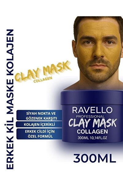 RAVELLO Erkek Kil Maskesi 300ml – Kolajen Etkili Gözenek Sıkılaştırıcı & Siya...
