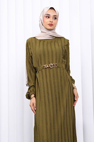 İmajButik K. Oil Green Waist Belted Ruffle Detailed Seersucker Dress