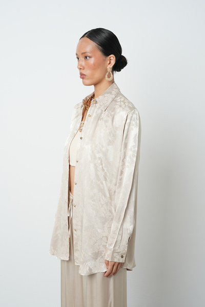Orfeo Negro Women's Beige Color Patterned Oversize Cut Hijab Shirt
