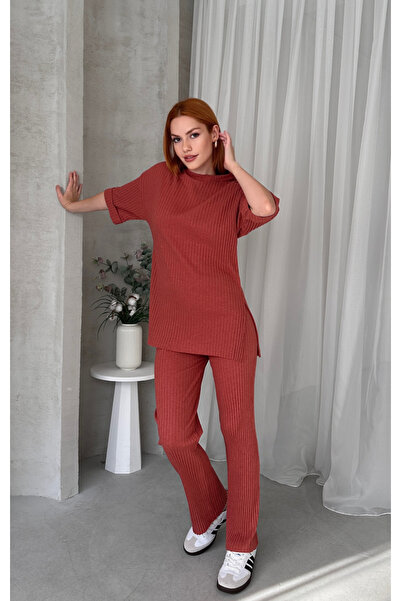 EYYE Tile Women's Cotton Short Sleeve Ribbed Blouse Pants Set