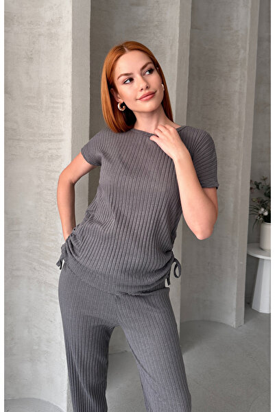 EYYE Smoked Women's Cotton Gathered Side Ribbed Top and Bottom Set