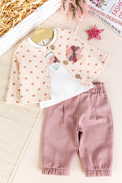 Babymod Polka Dot 3-Piece Floral Embroidered Cotton Baby Girl Set