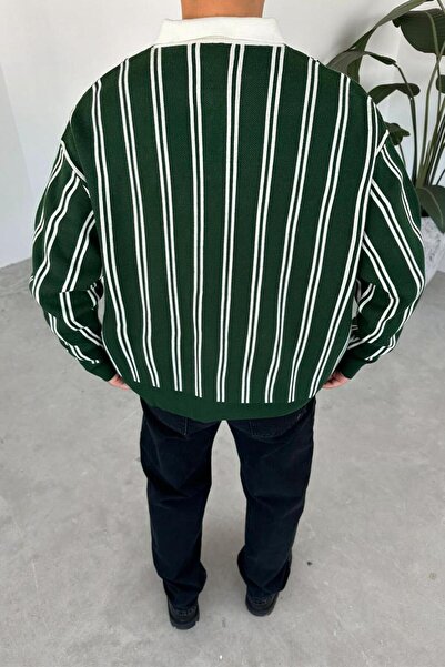 HAFKAGİYİM Πράσινο ριγέ φούτερ με λαιμόκοψη πόλο