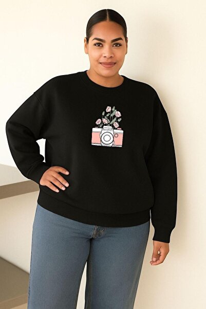 BENROMA Hanorac unisex de mărime mare, imprimat cu aparatul foto, cu flori di...