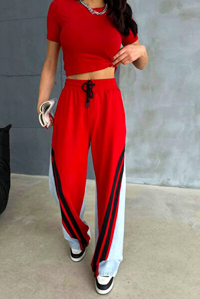 FashionForYou Katalea cotton trousers, with denim, drawstring waist and loose fit, Red, 30