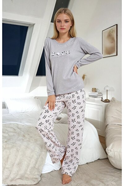 CARLA MARA Panda Baskılı Uzun Kollu Pijama Takımı