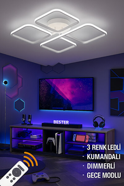 ZERRE Shop Avize Quadra Plafonyer 3 RENK KUMANDALI Beyaz Ultra Süper Ledli