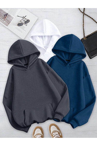 EVIus Set de hanorace cu glugă, triplu oversize, uni, fără imprimeu, 3 fire