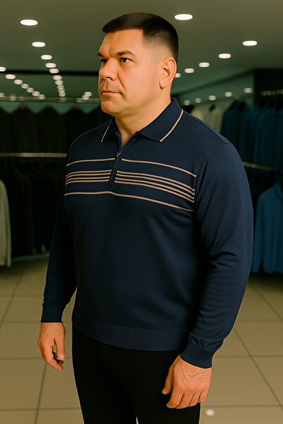 Maccali Men's Plus Size Striped Navy Blue Polo Zipper Sweatshirt