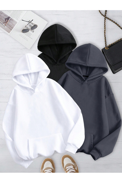 EVIus Set de hanorace cu glugă, triplu oversize, uni, fără imprimeu, 3 fire