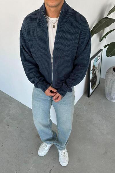 HAFKAGİYİM Синій светр з повним застібкою-блискавкою Basic Triko