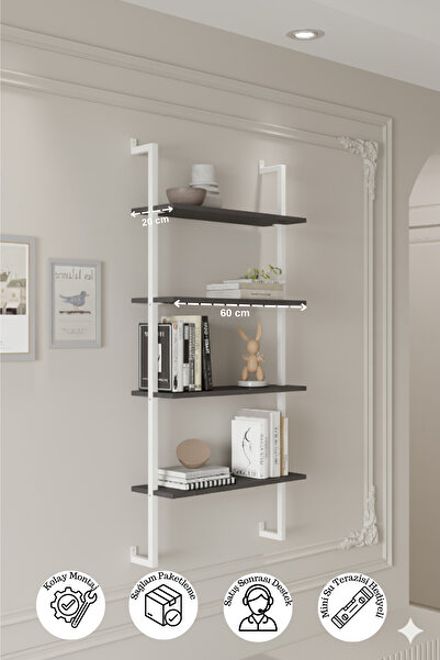 Euromob 60x20 cm Beyaz Metal 4 Raflı Duvar Rafı | Kitaplık & Mutfak Banyo Org...