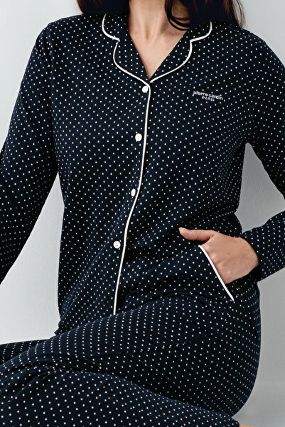 Pierre Cardin Gömlek Yaka, Cepli, Puantiyeli, Kadın Pijama Takımı, Önden Düğmeli, Uzun Kol, %50 Pamuk & %50 Modal