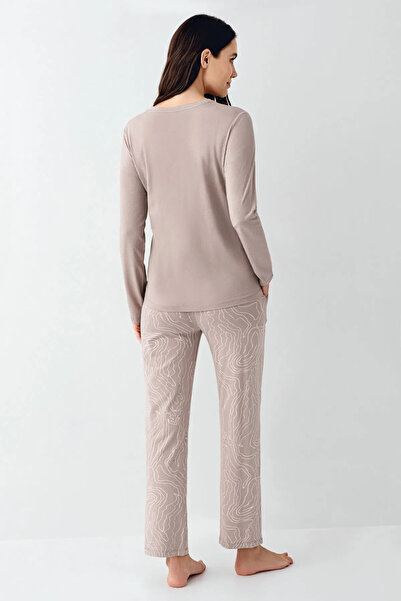 Pierre Cardin Kadın Pijama Takımı, %50 Pamuk & %50 Modal, Uzun Kollu, Bisiklet Yaka, Cepli, Baskılı