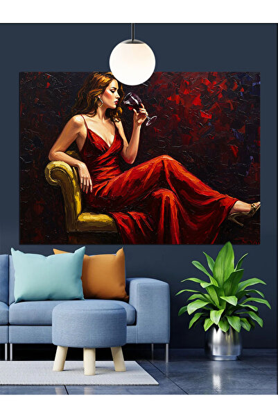 Artmeg Kırmızı Elbiseli Kadın Portresi Dekoratif Kanvas - Mdf Ahşap Tablo