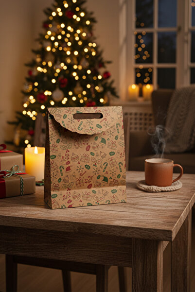 OLİ Art El Geçme Kraft Çanta – Yılbaşı Desenli, 6 Adet 25x32x8 cm, Yılbaşı Poşet, Hediyelik Çanta