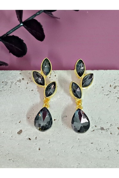 mos&more Anthracite Gold Crystal Stone Leaf Earrings