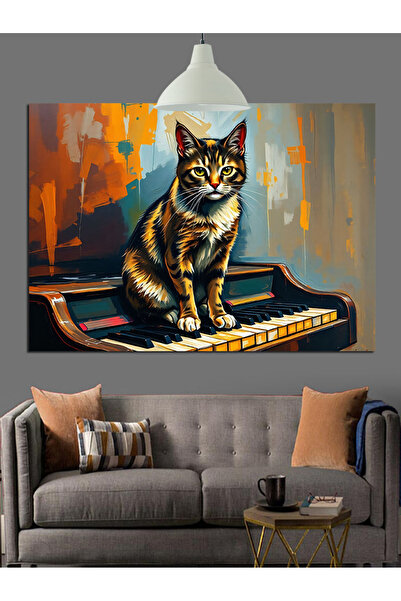Artmeg Piyanonun Üzerinde Küçük Kedi Dekoratif Kanvas - Mdf Ahşap Tablo