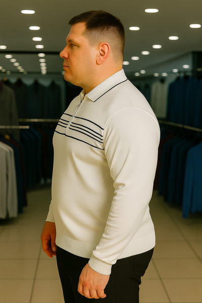 Maccali Men's Plus Size Striped White Polo Zipper Sweatshirt