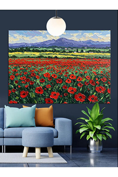 Artmeg Dağların Önünde Gelincik Tarlası Dekoratif Kanvas - Mdf Ahşap Tablo