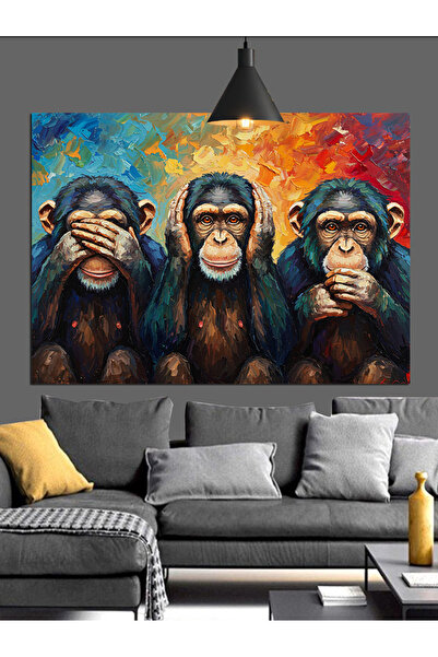 Artmeg Üç Maymun Figürü Resmi Dekoratif Kanvas - Mdf Ahşap Tablo