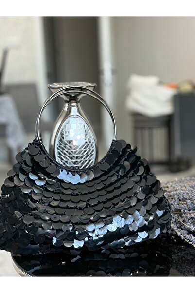 gulora Metal Saplı Siyah Pullu Makrome Çanta – Gece & Davet Şıklığı