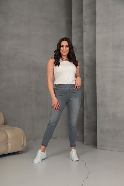 SM-PANNY Gri Kadın Kot Pantolon Toparlayıcı Full Likra Beli Lastikli Yüksek B...