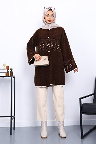 İmajButik Μαλακή ζακέτα από πλεκτό ανγκόρα με καφέ σχέδιο