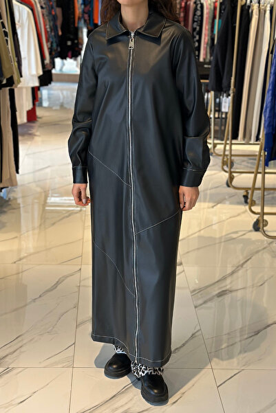 Nuss Δερμάτινο μπουφάν με μακρύ φερμουάρ πλήρους μήκους 6015 Μαύρο