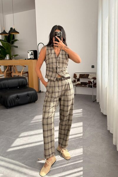 Le Savu Shilsee Women's Plaid Pattern Belted Pants Brown