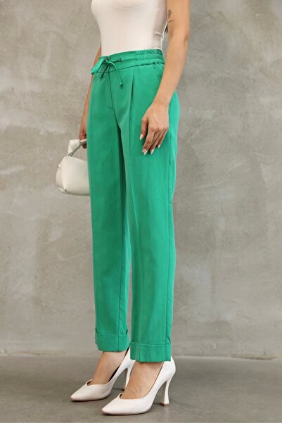 lodmela Tie Detailed Elastic Waist Fabric Trousers 6171-Green
