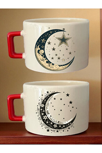 lili hediyelik طقم فناجين قهوة مكون من قطعتين مطبوع عليه تصميم القمر والنجمة ...