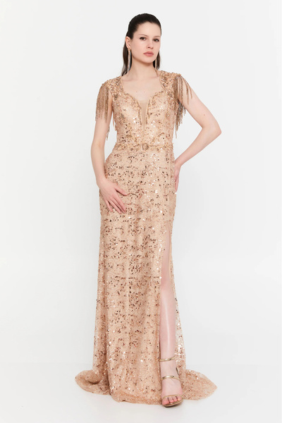 Alinexclusive Women's Stone and Sequin Detailed Sleeveless Fish Shape Tulle Evening Dress 1891 Mink