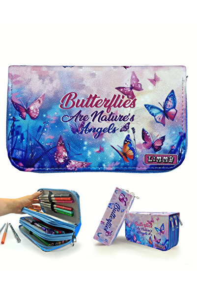 Limmy Пенал Butterfly Kawai Органайзер Пенал Веганска кожа Три отделения за моливи - Син